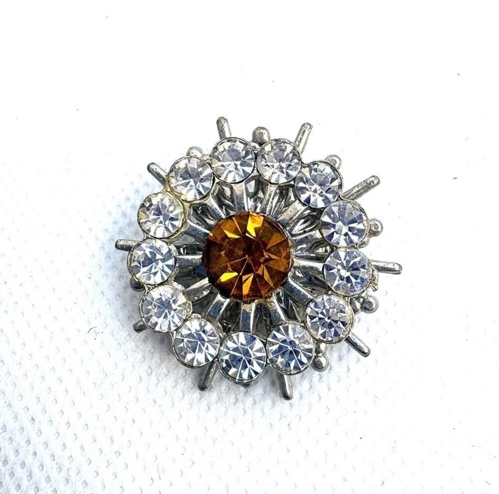 Vintage Atomic Starburst Rhinestone Brooch Pin Amber Topaz Clear Silver Tone Mcm